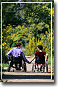 Wheelchair travelers in the park holding hands